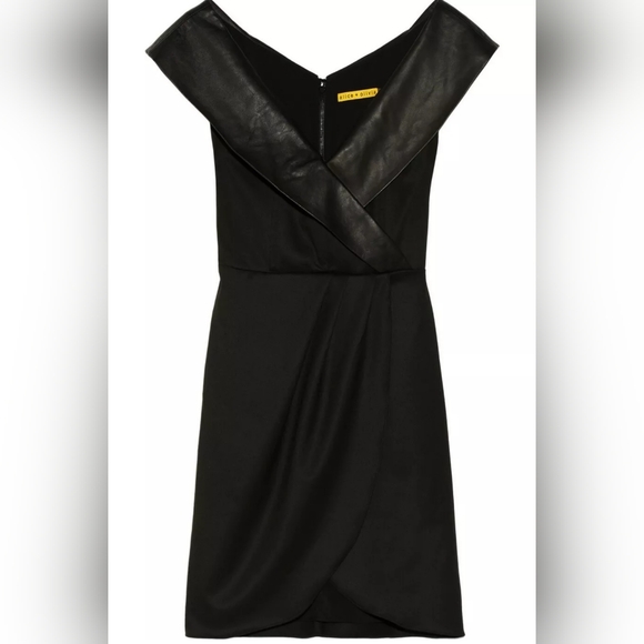 Alice + olivia Shayna Leather Trim Shawl Collar Faux Wrap Black Dress - Picture 13 of 15